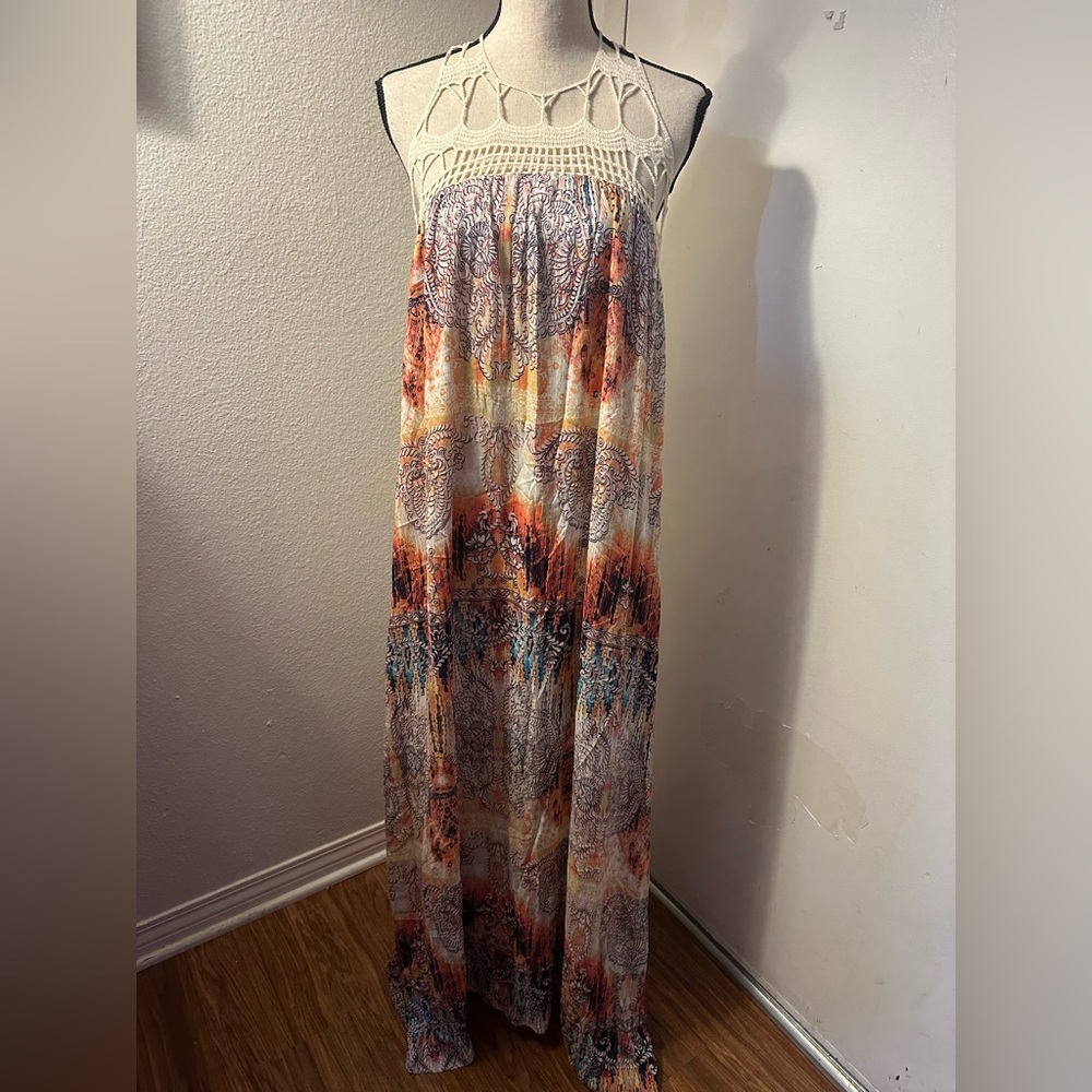 Orange and Cream Strapless Sleeveless Maxi Sundress